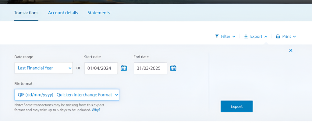Screenshot showing the steps in ANZ Internet Banking to download a QIF transaction file