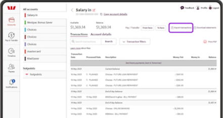 Screenshot of Westpac Online Banking showing how to export transactions as a QIF file