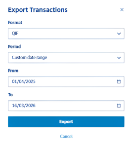 Screenshot showing where to download a QIF file in BNZ Online Banking for exporting transactions